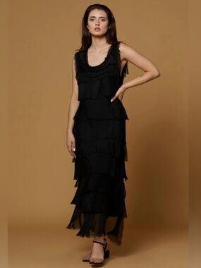 NEW Scandal Italy 100% Silk Fut Dress Black One Size NWT Tiered Neutral Maxi